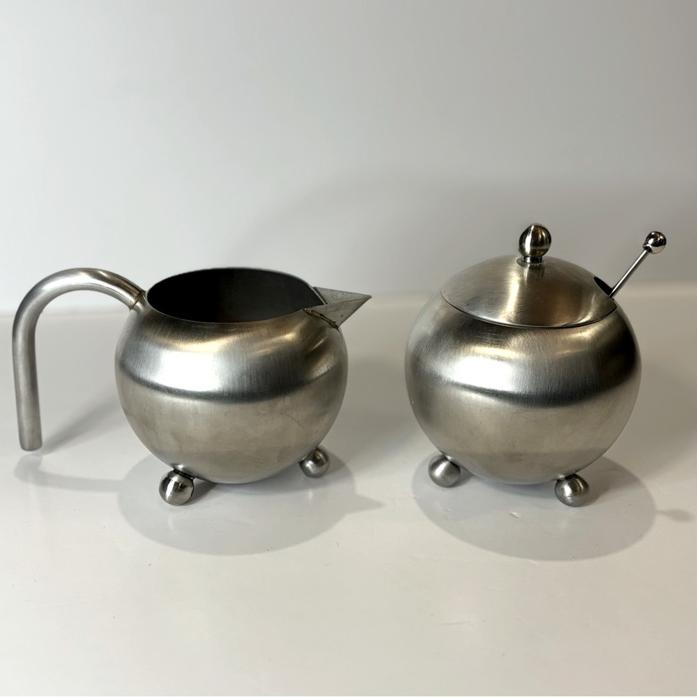 Vintage MCM Atomic style Henley cream and sugar set, brushed silver w/ spoon
